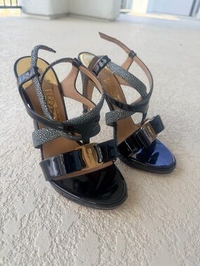 Salvatore Ferragamo Black Patent & Stingray-Print Strappy Heels